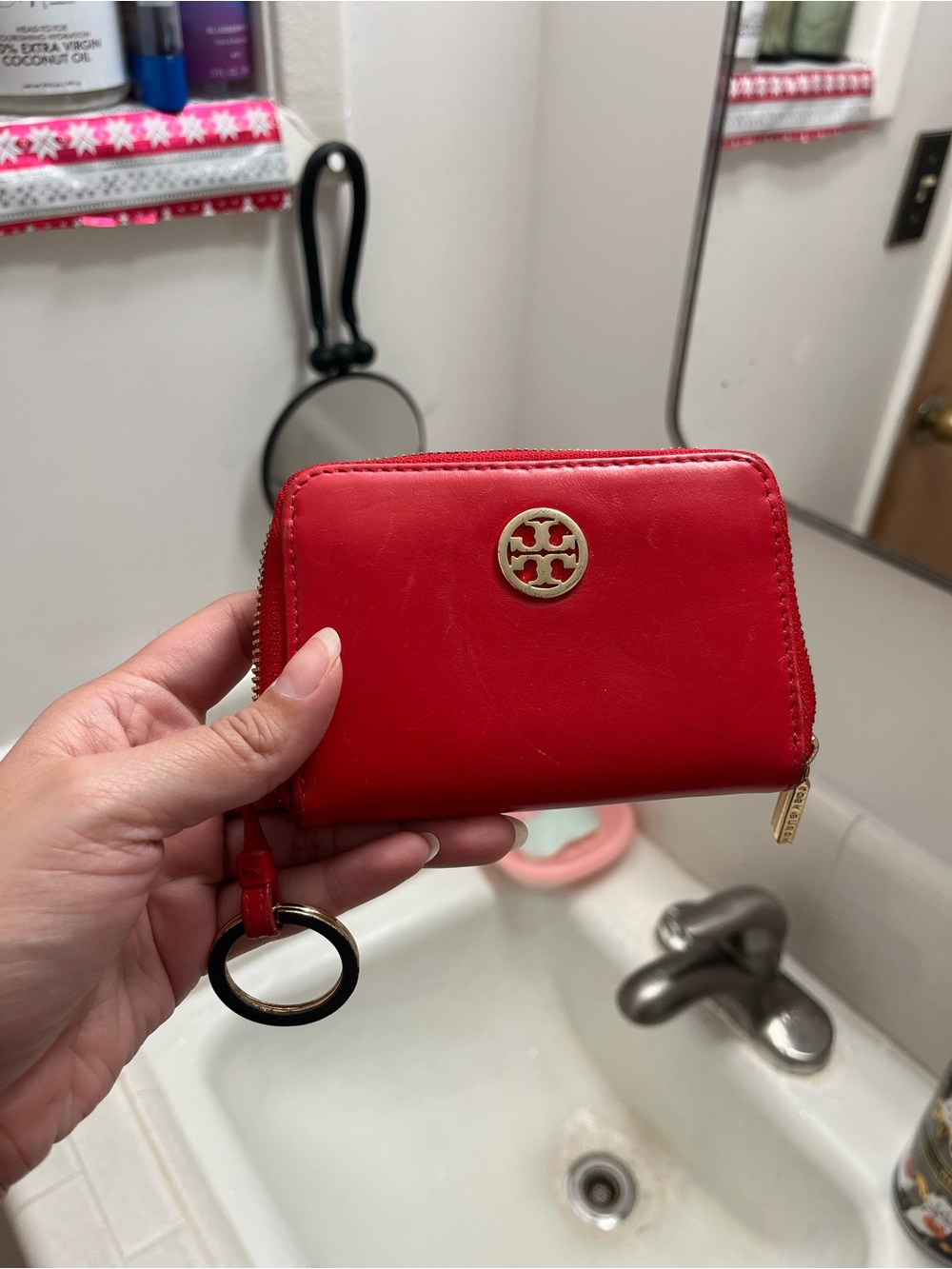 Tory Burch Red Leather Zip Card Case with Gold Logo